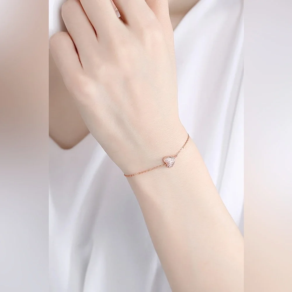 Barbie Inspired Pink Gemstone Heart Shaped Rose Gold Women’s Dainty Bracelet - Picture 2 of 5